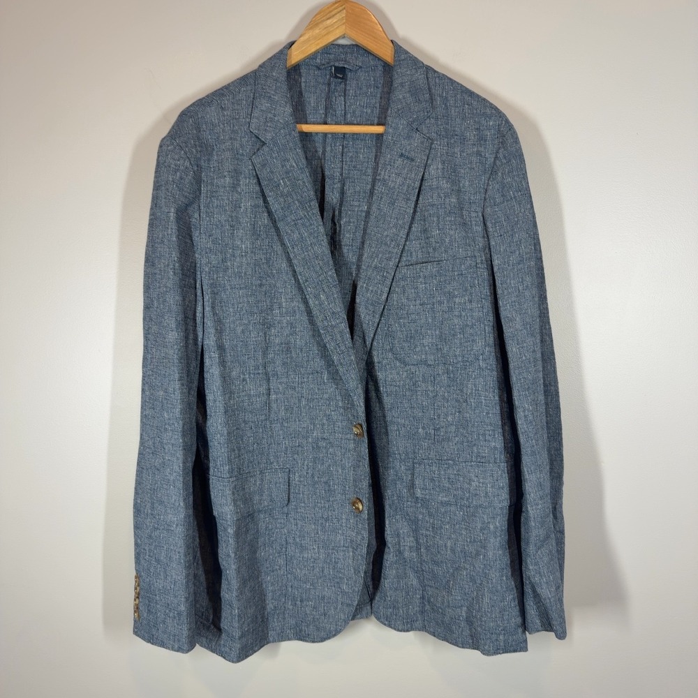 J.Crew Men's Blue Linen Cotton Blend Blazer Sport Coat Size 44 Long Sleeve